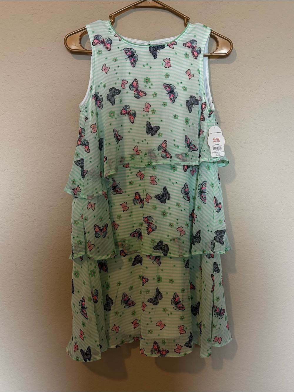 Wonder Nation Girls Layered Chiffon Ruffle Green Butterfly Dress Size XL 14-16